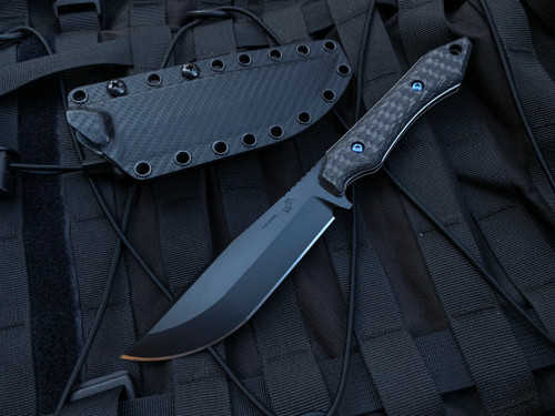 WelMade Knives Legion Fixed Blade Carbon Fiber, White G10 Lined Scales w/ Blue Titanium Hardware and Black PVD Plain Edge Blade (5.25”)