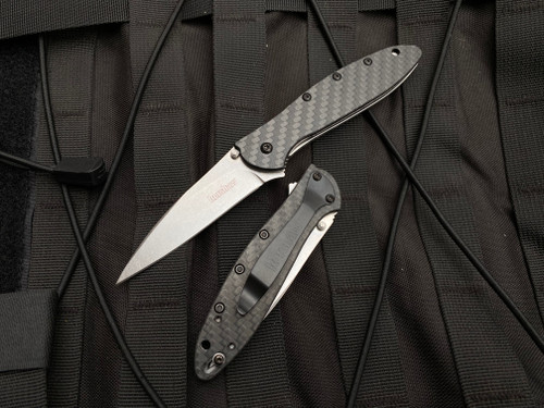 Kershaw Ken Onion Design Leek Assisted Folder Carbon Fiber Scaled Body w/ CPM 154 Stonewashed Plain Edge Drop Point Blade (3”) 1660CF