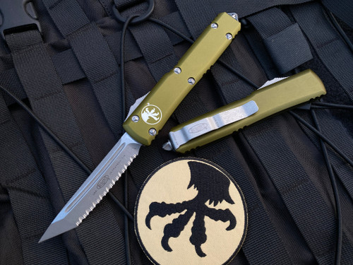 Microtech Ultratech T/E OD Green Aluminum Body w/ Apocalyptic Full Serrated Blade (3.4”) 123-12APOD