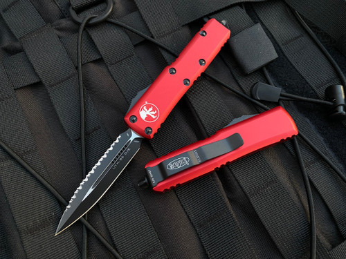 Microtech UTX-85 D/E Red Aluminum Body w/ Black Full Serrated Blade (3.12”) 232-3RD