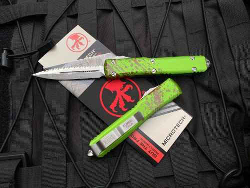 Microtech Zombietech Ultratech D/E Green Blood Splatter Aluminum Body w/ Stonewashed Full Serrated Blade (3.4”) 122-12Z