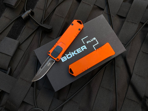 Boker Plus USB Auto OTF Orange Aluminum Body w/ Blackwashed Plain Edge Blade (1.7”) 06EX275SOI