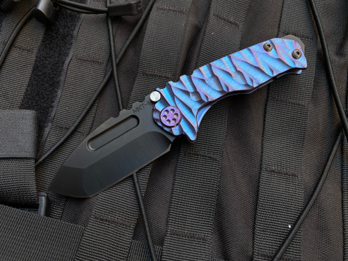 Medford Knives Praetorian Micro T Blue/Violet “Predator” Body w/ Violet Hardware/Clip, Black PVD Glass Breaker, and S45VN Black PVD Tanto Plain Edge Blade (3.3”) MK008MKT