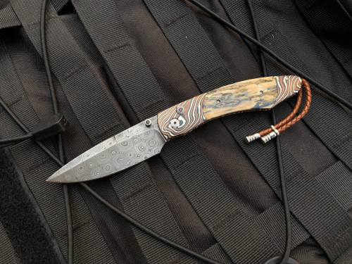 William Henry B12 “Bark” Custom Folder Hand Forged Mokume ‘Twist’ Gane Body w/ Wooly Mammoth Tusk Inlay and Mike Norris Rain Drop Damascus Plain Edge Blade (3.06”)