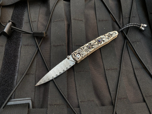 William Henry B10 Lancet 'Radiant' Hand Carved Sterling Silver Body w/ Sapphire Inlays and WH ‘Wave’ Damascus Plain Edge Blade (2.75”)
