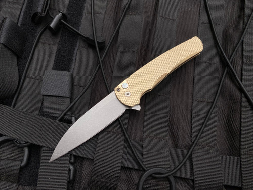 Pro-Tech Malibu Custom Flipper Bronze AL Textured Body w/ MOP Button and Magnacut Stonewashed Plain Edge Blade (3.5") 5311