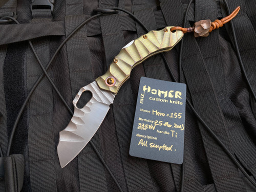 Homer Zhu Custom Hero Folder  #155 Yellow/Violet Sculpted Titanium Body w/ Hand Finished Rock Grind Plain Edge Blade (3.58")