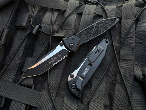 Microtech Socom Elite T/E Folder Black Aluminum Body w/ Two Tone Black Partially Serrated Blade (4") 161-2T