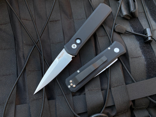Pro-Tech Knives Godson Limited Auto Folder Black Aluminum Body w/ Pearl Button, Satin Hardware, and Satin Plain Edge Blade (3.15") 721-LTD