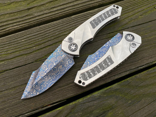 Heretic Knives Custom Pariah Auto Titanium Fatcarbon Snakeskin Inlaid Body w/ Hand Ground VF Blued "Vines and Roses" Damascus Blade (3.75")