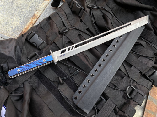 Mike Taylor X Chris Green Full Titanium Custom Short Sword w/ Blue Ti Handle/Semi Polished Blade and Carbonized Steel Edge Blade (15")