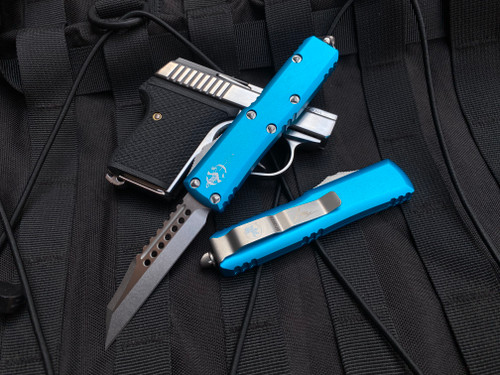 Microtech UTX-85 Warhound Turquoise Aluminum Body w/ Stonewashed Plain Edge Blade (3.1") 719W-10TQS