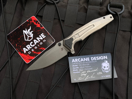 Arcane Design The Creature Folder Stonewashed Titanium Body w/ Black Pivot Collar and Stonewashed Drop Point Plain Edge Blade (3.75")