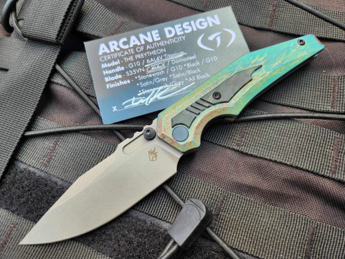 PRE-OWNED Arcane Design Preytheon Folder Titanium Shredded Carbon Fiber Inlaid Green High Voltage Anodized Body w/ 20CV Stonewashed Plain Edge Blade (3.25")