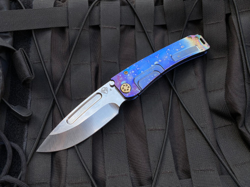 Medford Knives Marauder-H Folder Faced/Flamed "Solar Flare" Body w/ Blue Spring, Bronzed Hardware, Solar Flare Clip, and S35VN Tumbled Drop Point Blade (3.75")