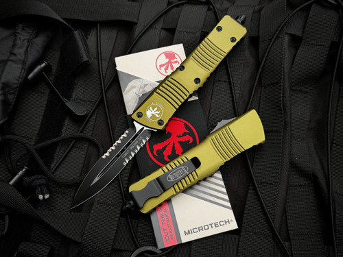 Microtech Combat Troodon D/E OD Green. Aluminum Body w/ Black Partially Serrated Blade (3.8") 142-2OD