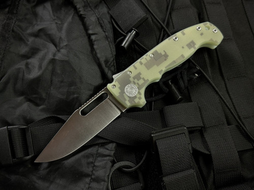 Demko AD20 Sharklock Clip Point Folder Green Digicam Body w/ CPM 3V Belt Satin/Stonewashed Plain Edge Blade (3.75")