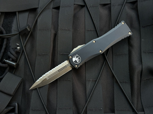 CONSIGNMENT Microtech Hera D/E Black Aluminum Body w/ Bronzed Full Serrated Blade (3.08") 702-15