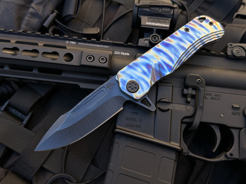 Medford Proxima Folder Faced/Flamed "Tsunami"/"Old School Blue" Titanium Body w/ PVD Black Hardware/Flamed Clip and S35VN DLC Plain Edge Blade (3.875")