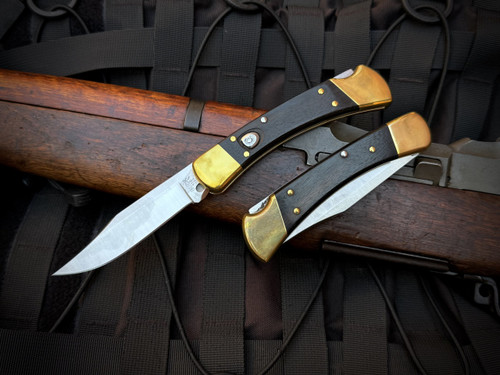 Buck 110 Auto Folder Brass and Ebony Wood Scales w/ Satin Plain Edge Blade (3.75") 0110BRSA-B Buck 110 Auto Folder Brass and Ebony Wood Scales w/ Satin Plain Edge Blade (3.75") 0110BRSA-B