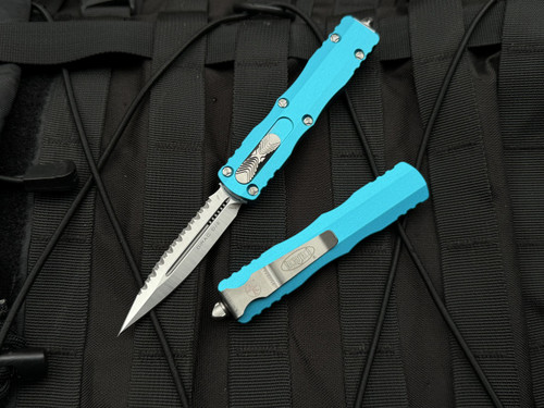 Microtech Dirac D/E Turquoise Aluminum Body w/ Satin Full Serrated Blade (2.92") 225-6TQ