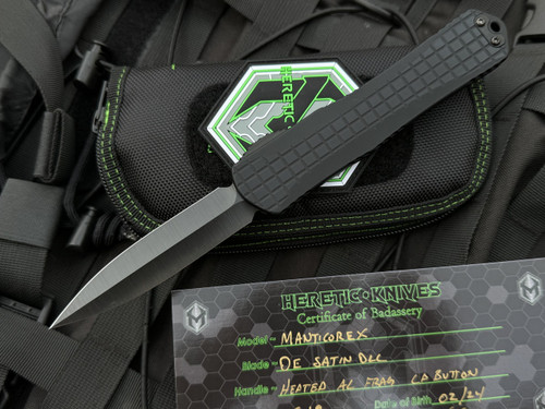 Heretic Knives Custom Manticore X D/E Black DLC Hefted Frag Pattern Aluminum Body w/ Flamed Pocket Clip and Magncut DLC Satin Blade (3.75")