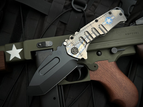 Medford Knives Praetorian T Folder Tumbled "Warthog/Star-N-Bars/Rivets" Titanium Body w/ Black/DLC Hardware and S45VN DLC Tanto Blade (3.75")