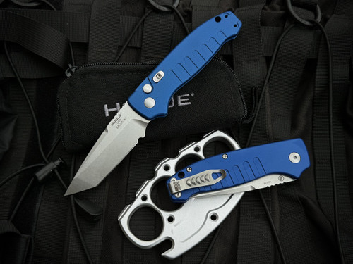 Hogue Ballista I Auto Folder Blue Aluminum Body w/ 154CM Stonewashed Tanto Plain Edge Blade (3.5") 64123