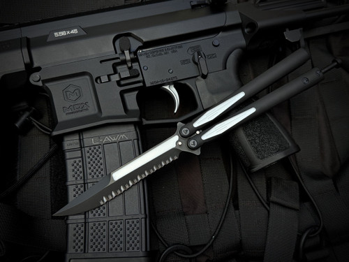 Microtech Tachyon III Balisong Venom Edition Black and White Aluminum Handles w/ Black Full Serrated Blade (4.5") 173-3VM