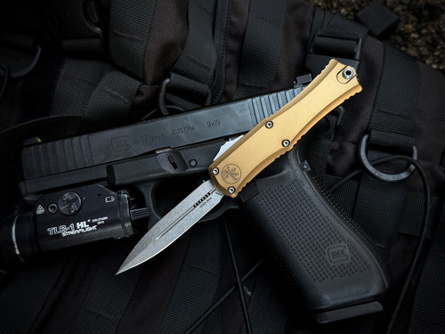 Microtech Hera II Mini D/E Tan Aluminum Body w/ M390MK Stonewashed Plain Edge Blade (2.875") 1702M-10TA