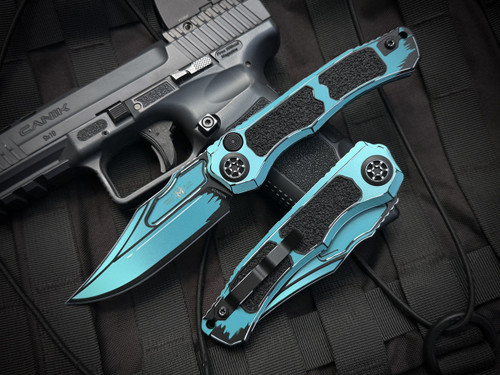 Heretic Knives Wraith Bowie Auto Folder Cel Shade Turquoise Body w/ Magnacut Cel Shade Plain Edge Blade (3.625") H002-CS-TQ