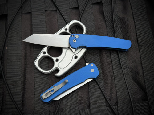 Pro-Tech Malibu Flipper Blue Aluminum Body w/ Magancut Stonewashed Reverse Tanto Plain Edge (3.25") 5401-BLUE