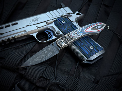 William Henry B12 'Daytona' Folder Fordite Inlaid Hand Carved Sterling Silver Body w/ Chad Nichols Checkered Flag Spearpoint Plain Edge Blade (3")