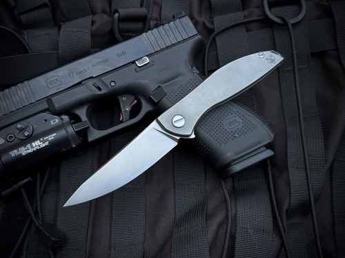 CONSIGNMENT Shirogorov NeOn Zero Flipper Stonewashed Titanium Body w/ M390 Stonewashed Plain Edge Blade (3.25") 60656852