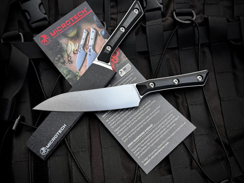 Microtech 6" Utility Culinary Knife Black G10 Scales w/ M390MK Stonewashed Blade (6") 3400-10BK