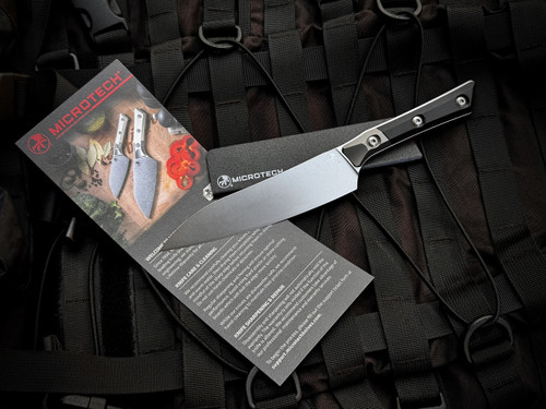 Microtech 6" Utility Culinary Knife Black G10 Scales and Beadblast Bolster w/ M390MK Stonewashed Blade (6") 3400B-10BK