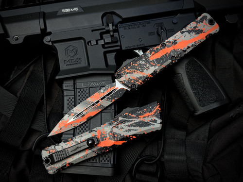 Microtech Gen III Combat Troodon D/E Bull Shark Gray/Black Orange Splatter Aluminum Body w/ M390MK Plain Edge Blade (3.8") 1142-1BGBKORSPLS