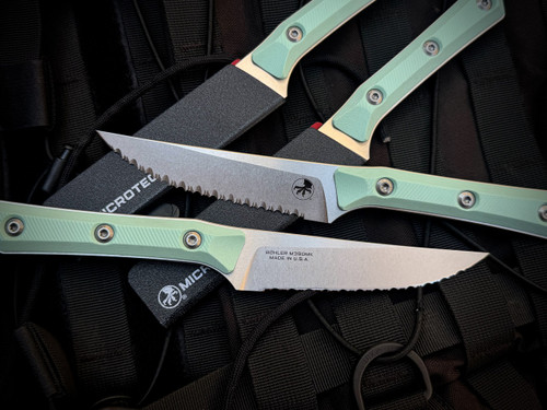 Microtech Steak Knife Set Caribbean Blue G10 Handles w/ M390MK Full Serrated Blades 3600-12SETCA