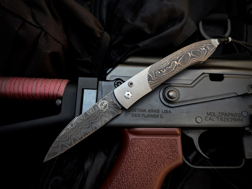 William Henry B22 Black Max Auto Folder Black and Copper Inlaid Titanium Body w/ Hand Forged "Meadow" Chad Nichols Damascus Plain Edge Blade (3.3") 90/250