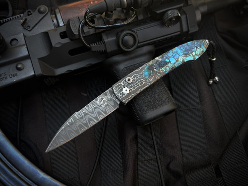 William Henry B22 Kingman Auto Folder Black Matrix Inlaid Hand Forged Croc Skin Chad Nichols Damascus Body w/ hand Forged Meadows Chad Nichols Damascus Plain Edge Blade (3.3")