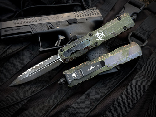 Microtech Dirac Delta D/E Outbreak Edition Aluminum Body w/ Distressed Full Serrated Blade (3.8") 227-3OBDS