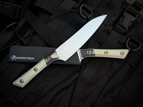 Microtech Utility Knife Ivory G10 Handles/Bead Blast Bolster w/ M390MK Stonewashed Plain Edge Blade (6") 3400B-10IV
