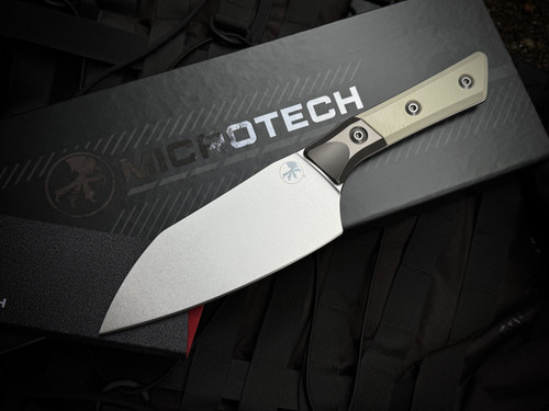 Microtech 6" Santoku Chef Knife Ivory G10 Handles and Beadblast Titanium Bolster w/ M390MK Stonewashed Plain Edge Blade (6") 3200B-10IV