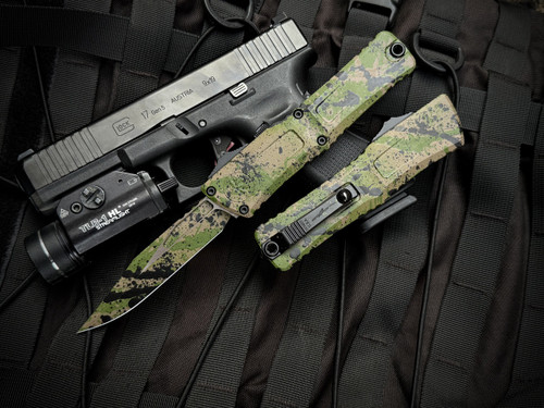 Microtech Knives Combat Troodon Bowie OD Green/Tan and Black Splatter w/ M390MK Matching Plain Edge Blade (3.8") 1146-1ODTABKSPLS