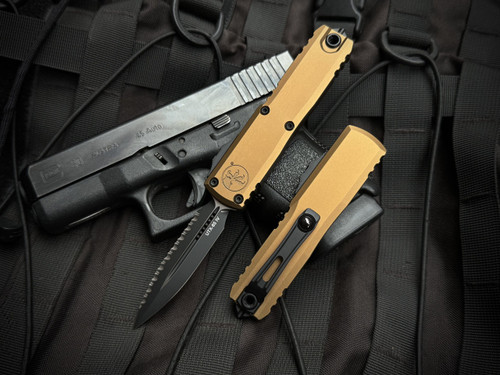 Microtech UTX-85 Gen IV Tan Aluminum Body w/ M390MK Black Full Serrated Blade (3.1") 12324-3TA