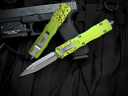 Microtech Dirac Delta D/E Zombietech Green and Red Aluminum Body w/ Stonewashed Full Serrated Blade (3.8") 227-12Z