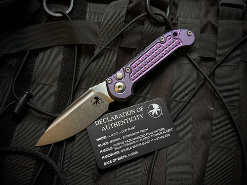 Marfione Select LUDT Auto Folder Stonewashed Purple Haze Frag Pattern Titanium Body w/ M390MK Stonewashed Plain Edge Clip Point Blade (3.5") 1135-10FRMS5