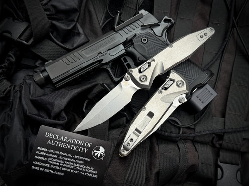 Marfione Select Socom Elite Spearpoint RAM-LOK Folder Stonewashed Slab Titanium Body and Bronzed Titanium Accents w/ M390MK Stonewashed Plain Edge Blade (4") 160RLS-10SMS2