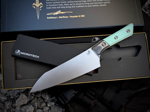 Microtech 8" Chef Knife Caribbean Blue G10 Handles and Beadblast Titanium Bolster w/ M390Mk Stonewashed Plain Edge Blade (8") 3000B-10CA
