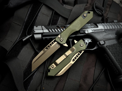 Heretic Knives Jinn Button Lock Flipper OD Green Aluminum body w/ Magnacut Bronzed Plain Edge Blade (3") H213-7A-GRN